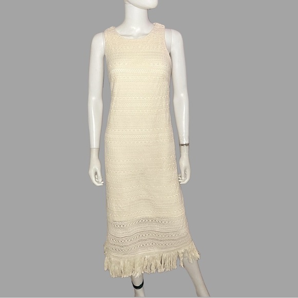 London‎ Times Natural Fringe Sleeveless Bohemian Crochet Midi Dress - Picture 1 of 9